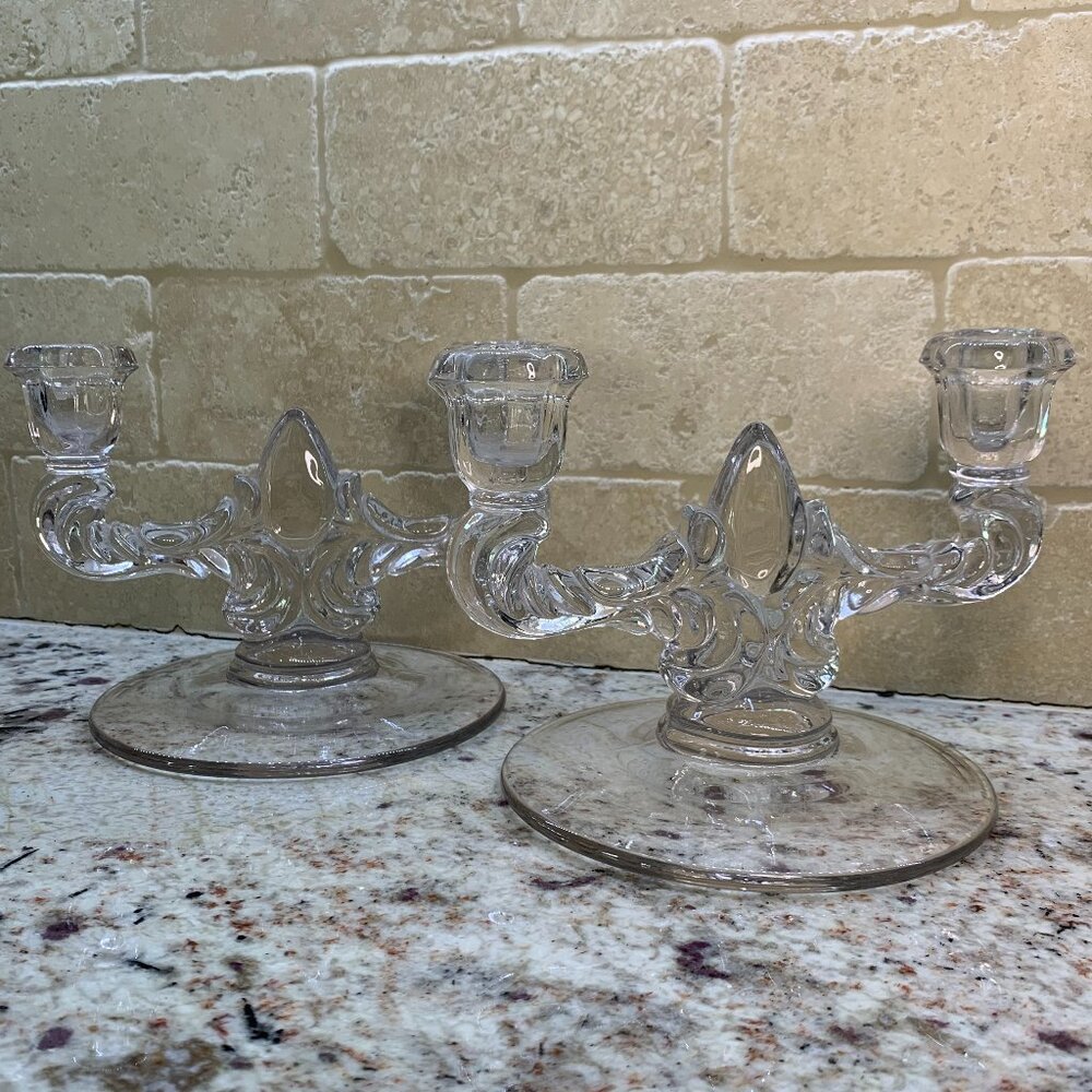 New Martinsville Double Light Candlestick Teardrop - Clear Base, set of 2